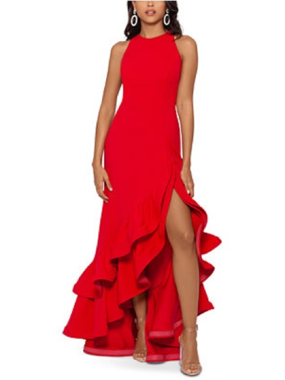 Betsy Adam Red Ruffled High-Slit Evening Gown